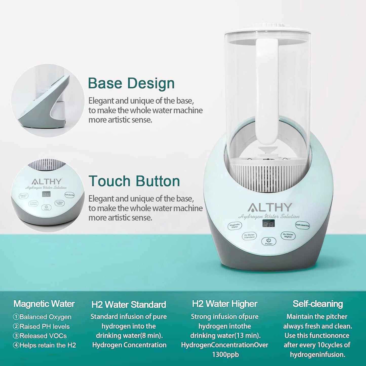 BPA-free ALTHY hydrogen pitcher with USA Dupont NAFION-117 membrane and vortex design